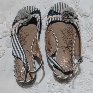 Jellypop Navy and Cream Striped Espadrilles with Floral Detail